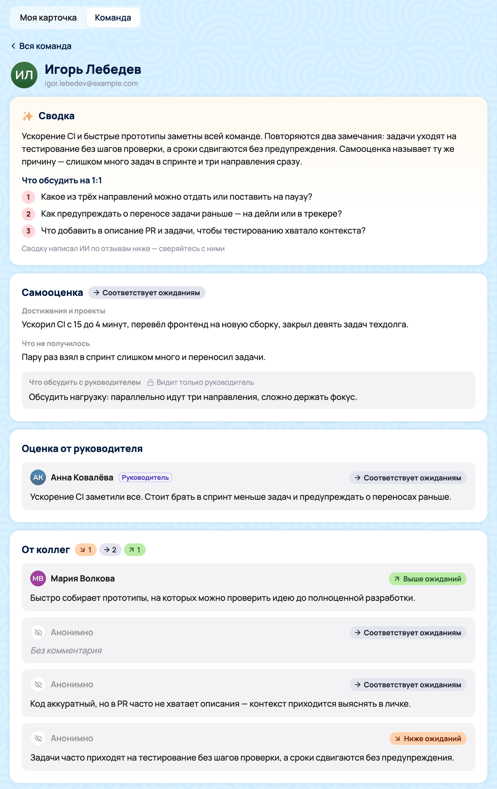 Карточка участника глазами руководителя